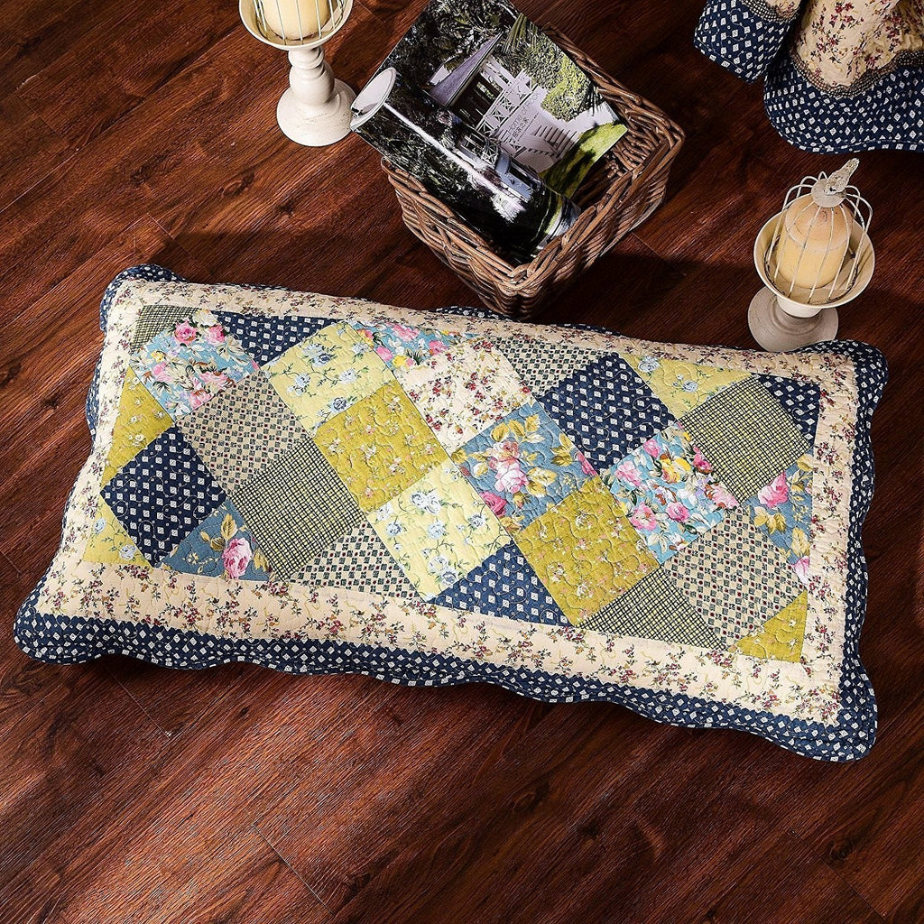 Tache Spring Shower Olive Green Navy Blue Floral Scalloped Cotton Patchwork Quilt Set, photo 3 of 7
