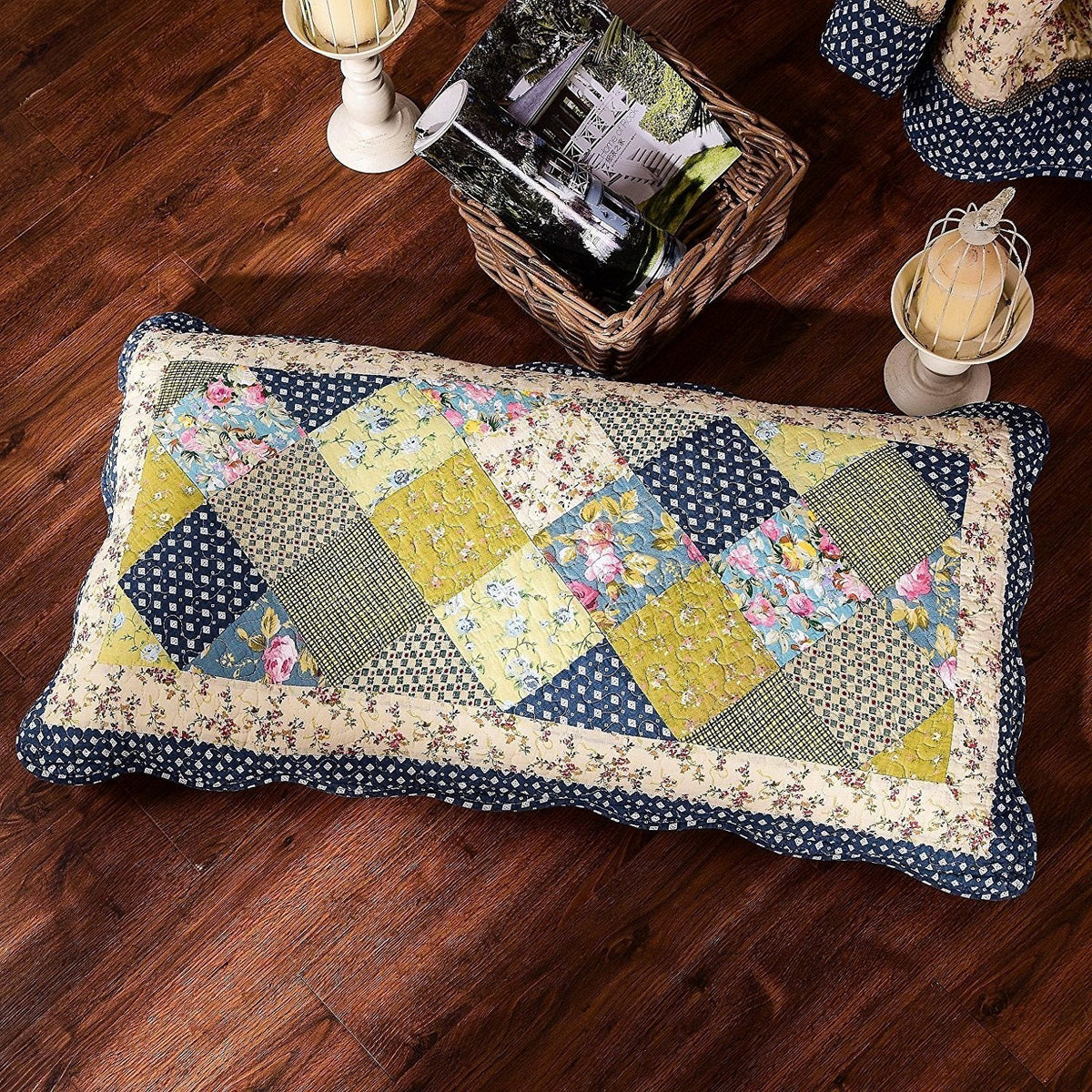 Tache Spring Shower Olive Green Navy Blue Floral Scalloped Cotton Patchwork Quilt Set, photo 3 of 7