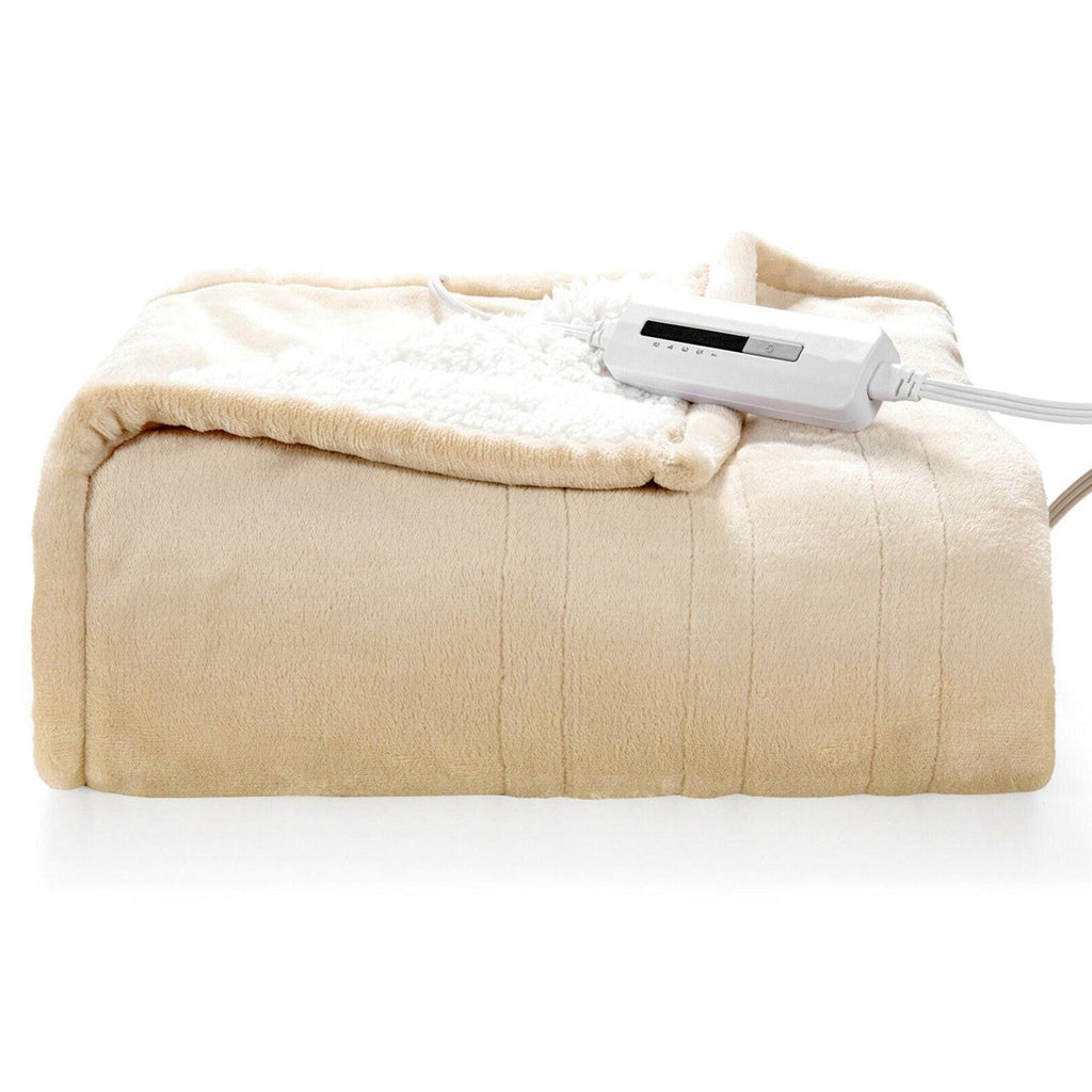 Heated Electric Sherpa Throw Blanket in Beige/White, photo 1 of 5