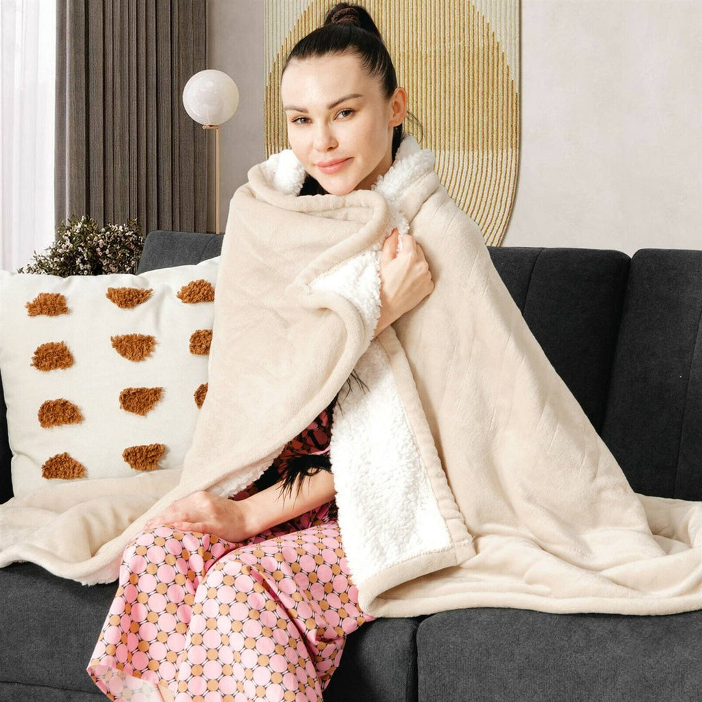 Heated Electric Sherpa Throw Blanket in Beige/White, photo 2 of 5