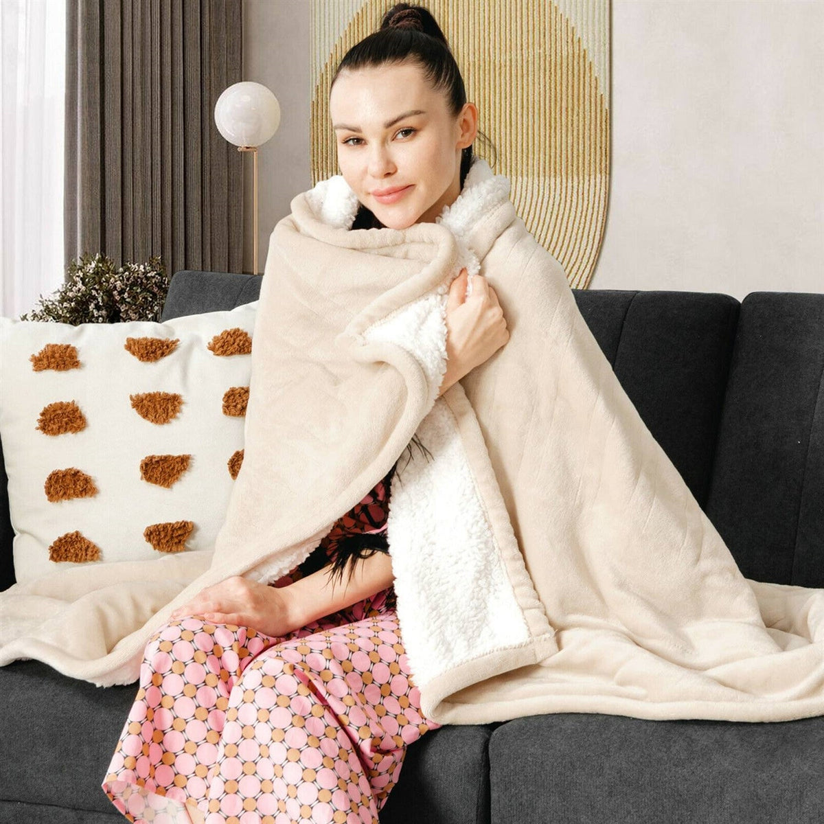 Heated Electric Sherpa Throw Blanket in Beige/White, photo 2 of 5
