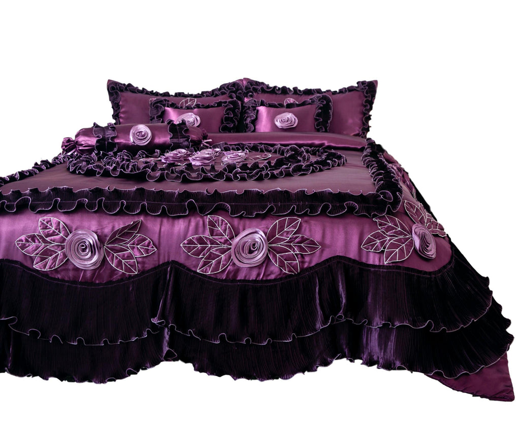 Satin Ruffle Dark Purple Floral Midnight Bloom Comforter, photo 13 of 13