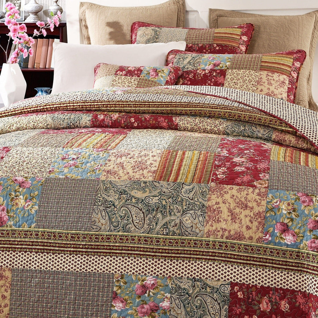 Tache Fairy Tale Tea Party Beige Burgundy Paisley Floral Cotton Patchwork Quilt Set, photo 3 of 9