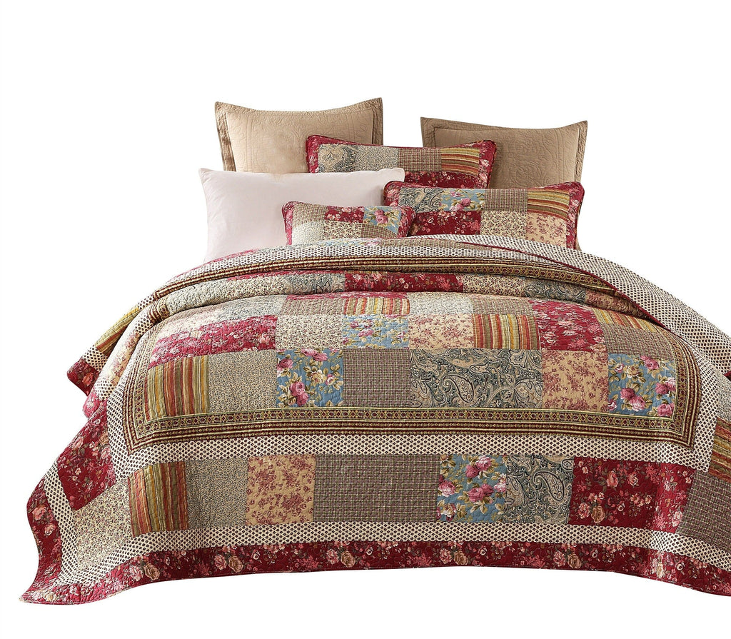 Tache Fairy Tale Tea Party Beige Burgundy Paisley Floral Cotton Patchwork Quilt Set, photo 9 of 9
