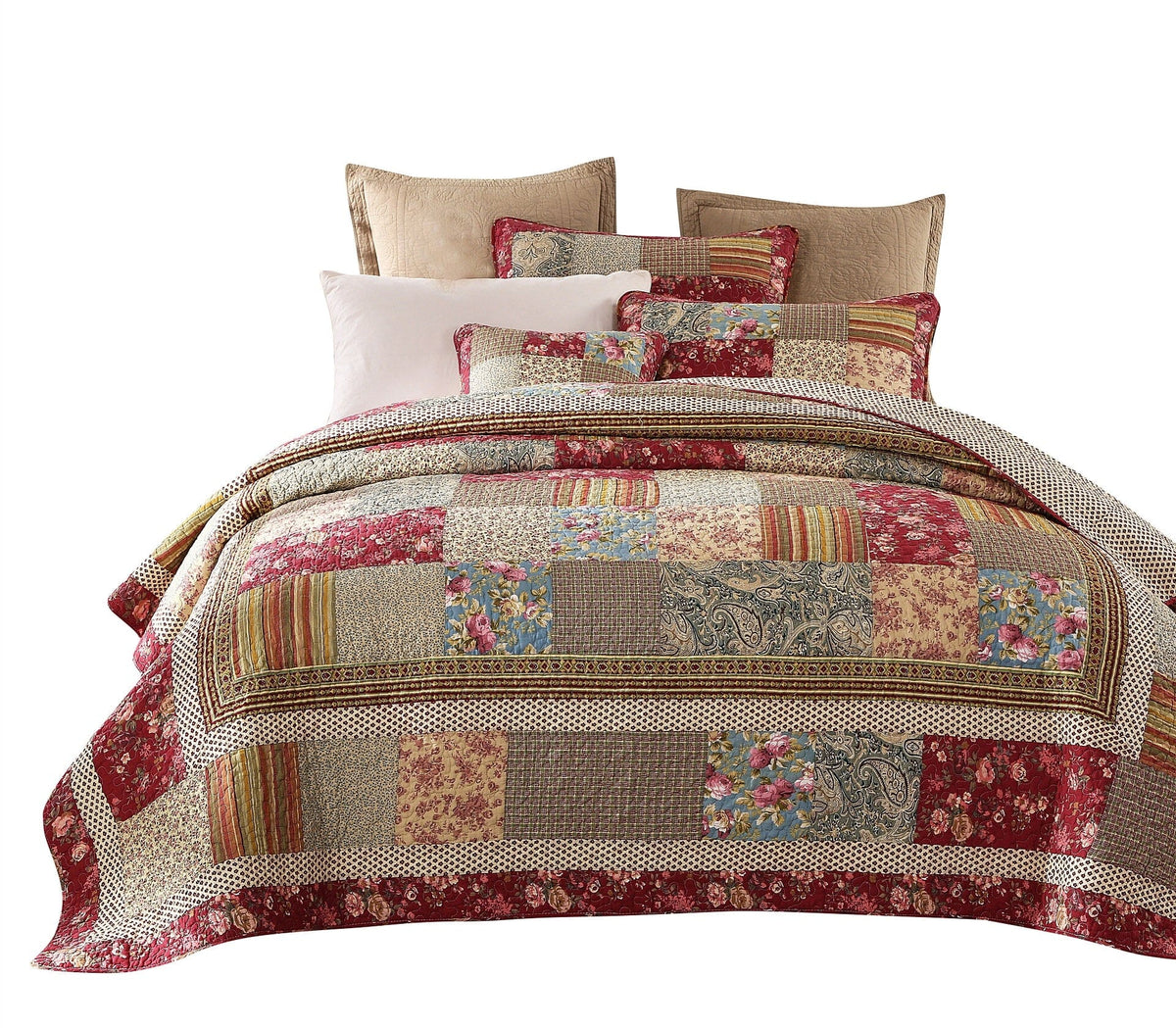 Tache Fairy Tale Tea Party Beige Burgundy Paisley Floral Cotton Patchwork Quilt Set, photo 9 of 9