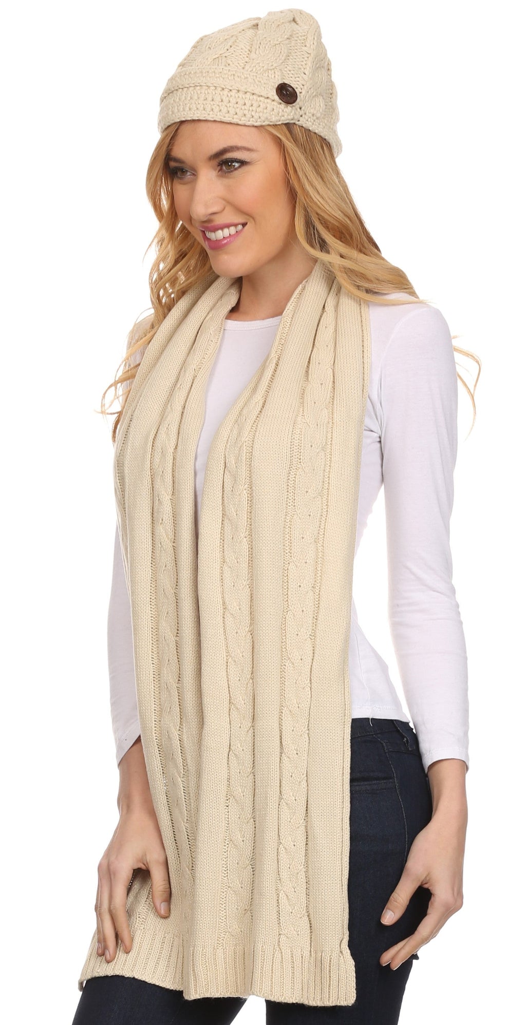 Sakkas Women's Cable Knit Visor Beanie & Scarf Set with Button, photo 3 of 22