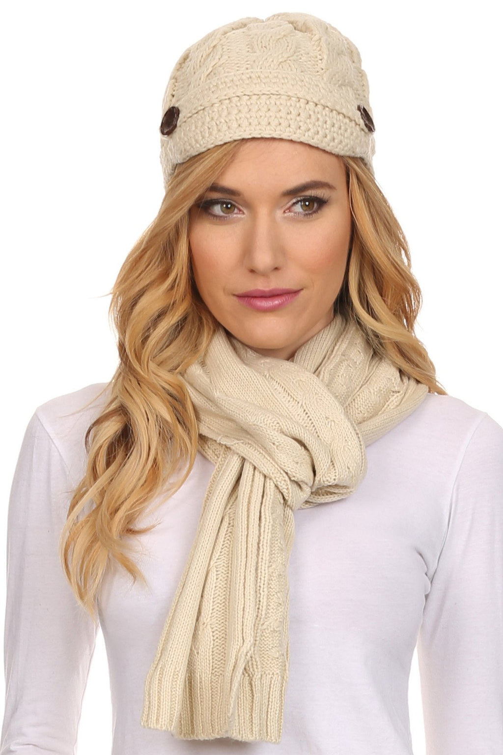 Sakkas Women's Cable Knit Visor Beanie & Scarf Set with Button