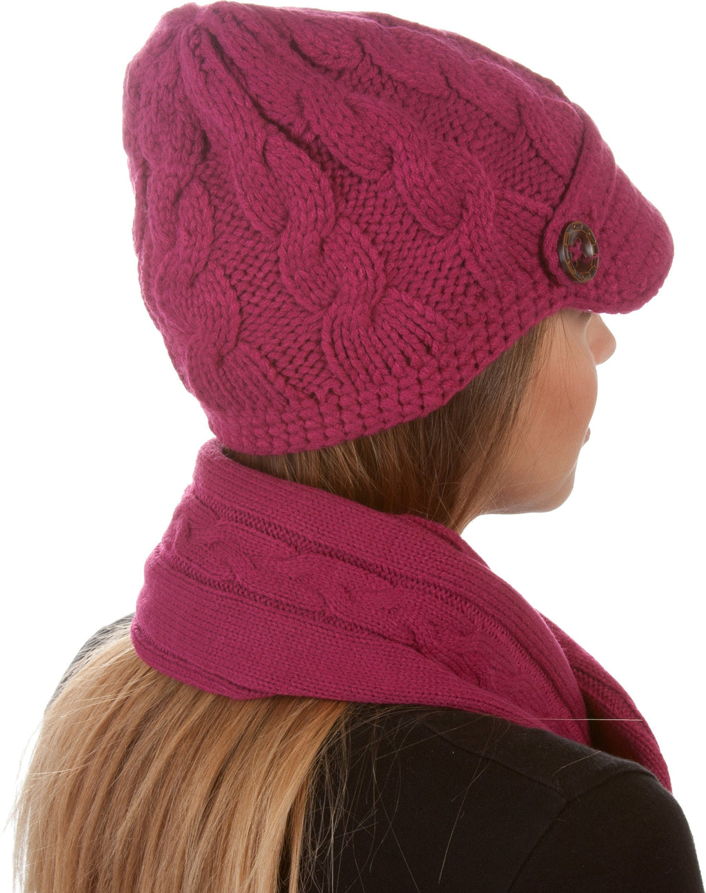 Sakkas Women's Cable Knit Visor Beanie & Scarf Set with Button, photo 5 of 22