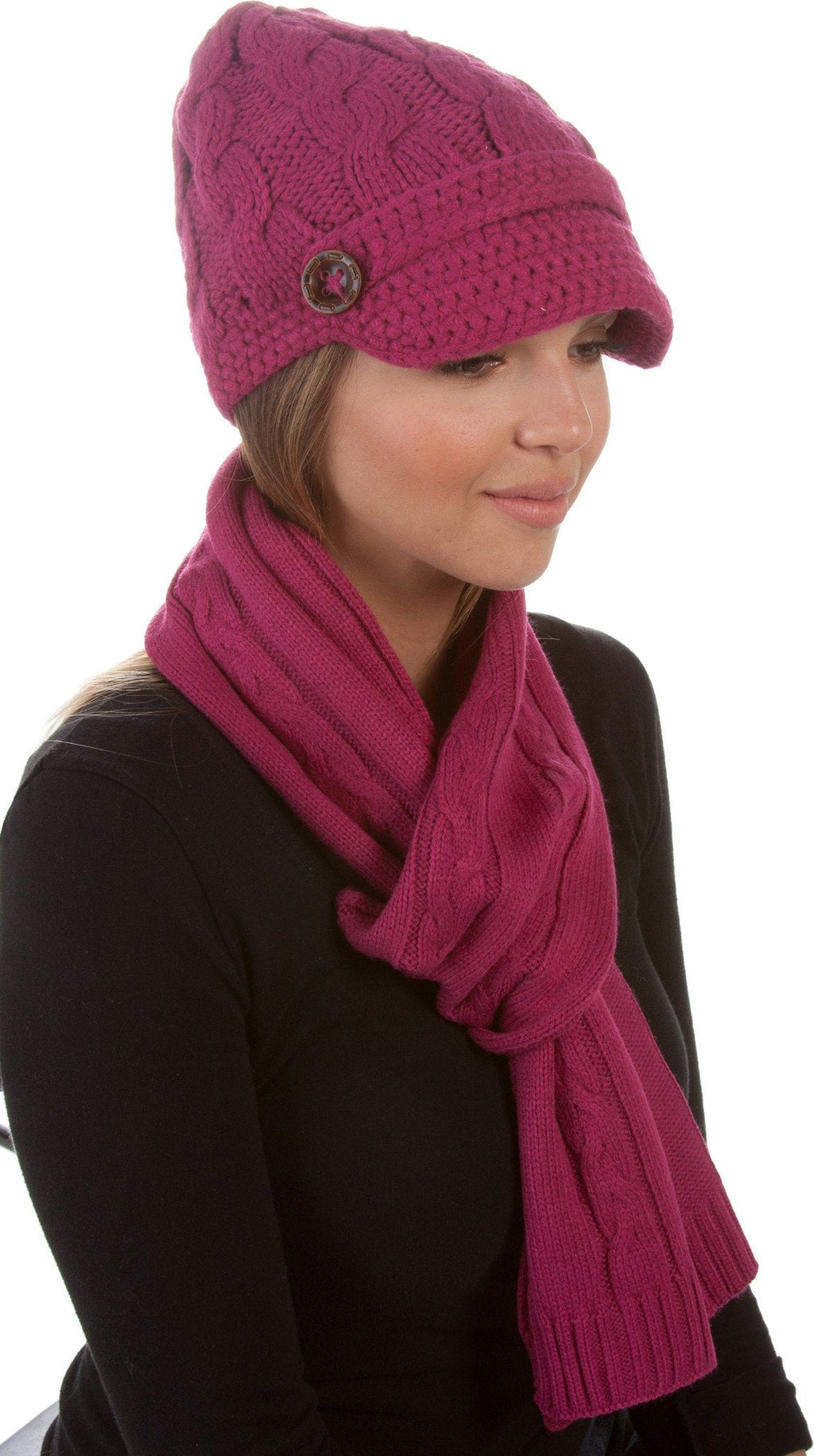 Sakkas Women's Cable Knit Visor Beanie & Scarf Set with Button, photo 4 of 22