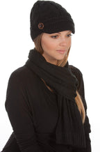Sakkas Women's Cable Knit Visor Beanie & Scarf Set with Button, photo 6 of 22