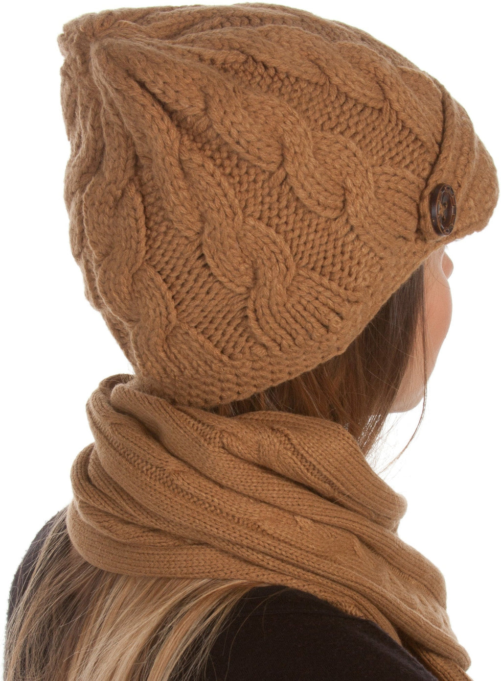 Sakkas Women's Cable Knit Visor Beanie & Scarf Set with Button, photo 11 of 22