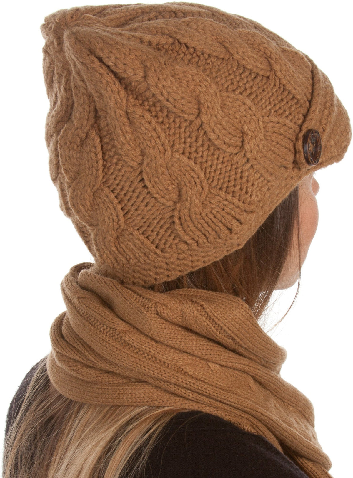 Sakkas Women's Cable Knit Visor Beanie & Scarf Set with Button, photo 11 of 22