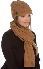 Sakkas Women's Cable Knit Visor Beanie & Scarf Set with Button, photo 10 of 22