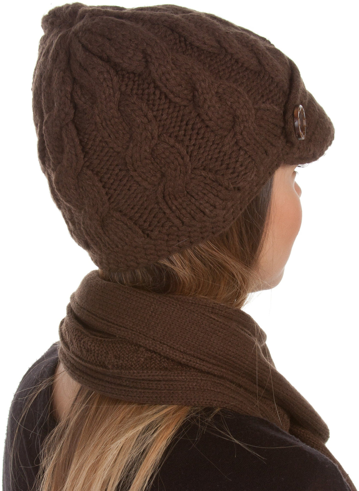 Sakkas Women's Cable Knit Visor Beanie & Scarf Set with Button, photo 15 of 22
