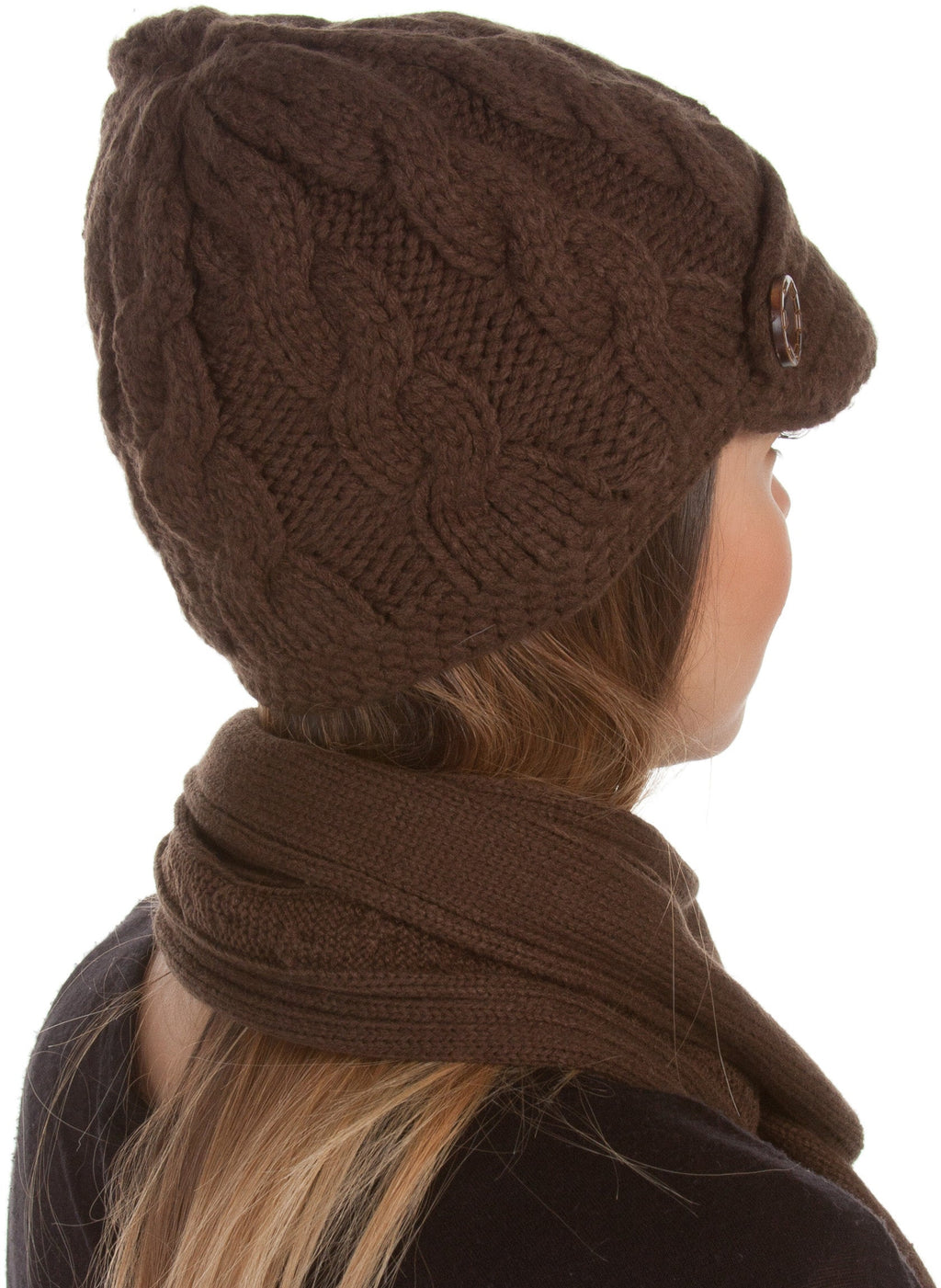 Sakkas Women's Cable Knit Visor Beanie & Scarf Set with Button, photo 16 of 22