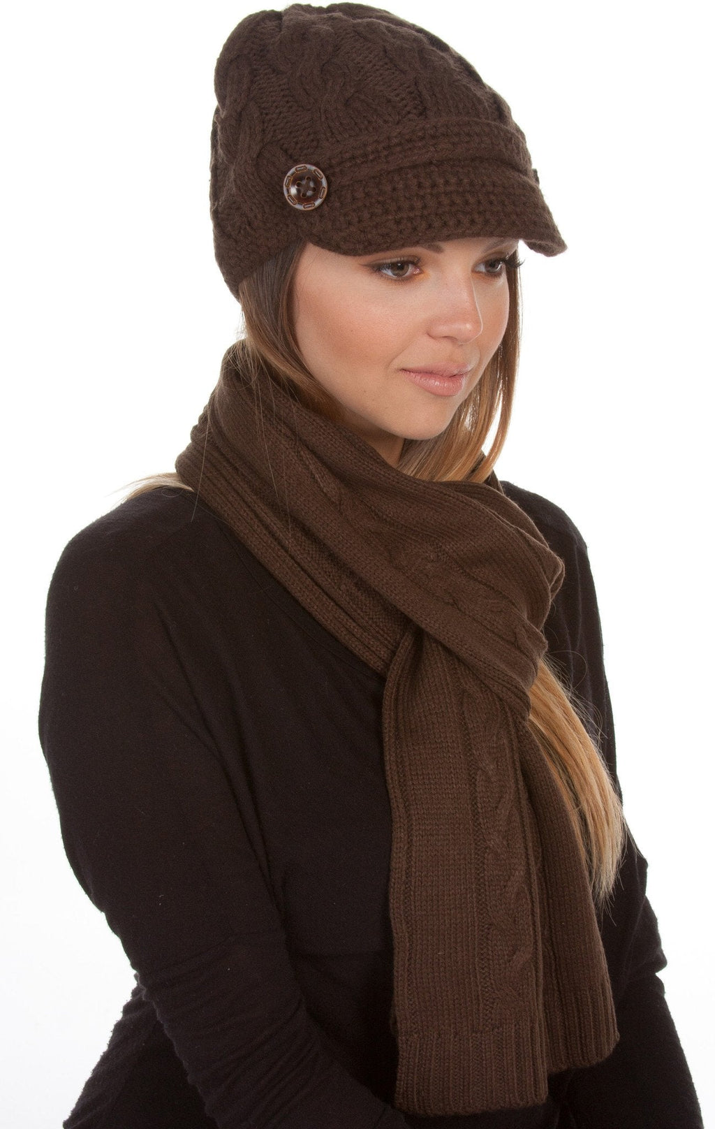 Sakkas Women's Cable Knit Visor Beanie & Scarf Set with Button, photo 14 of 22