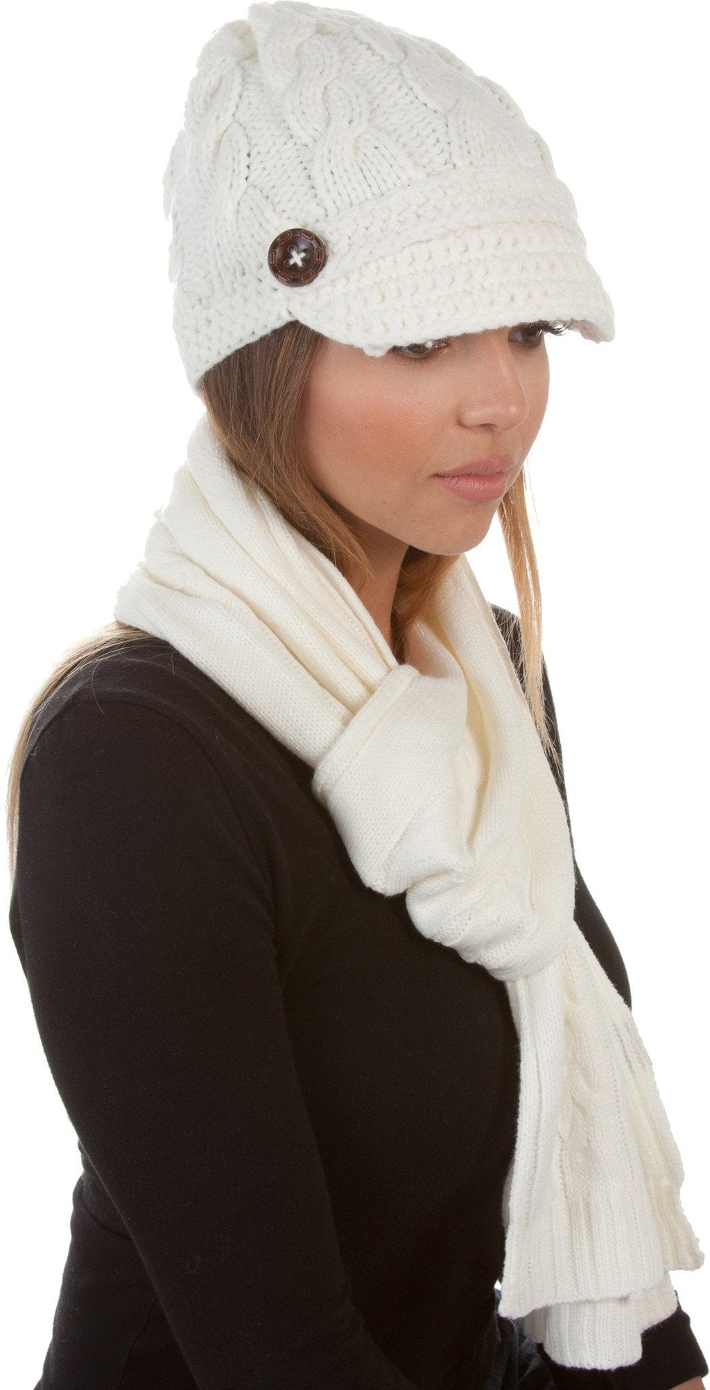 Sakkas Women's Cable Knit Visor Beanie & Scarf Set, photo 17 of 22