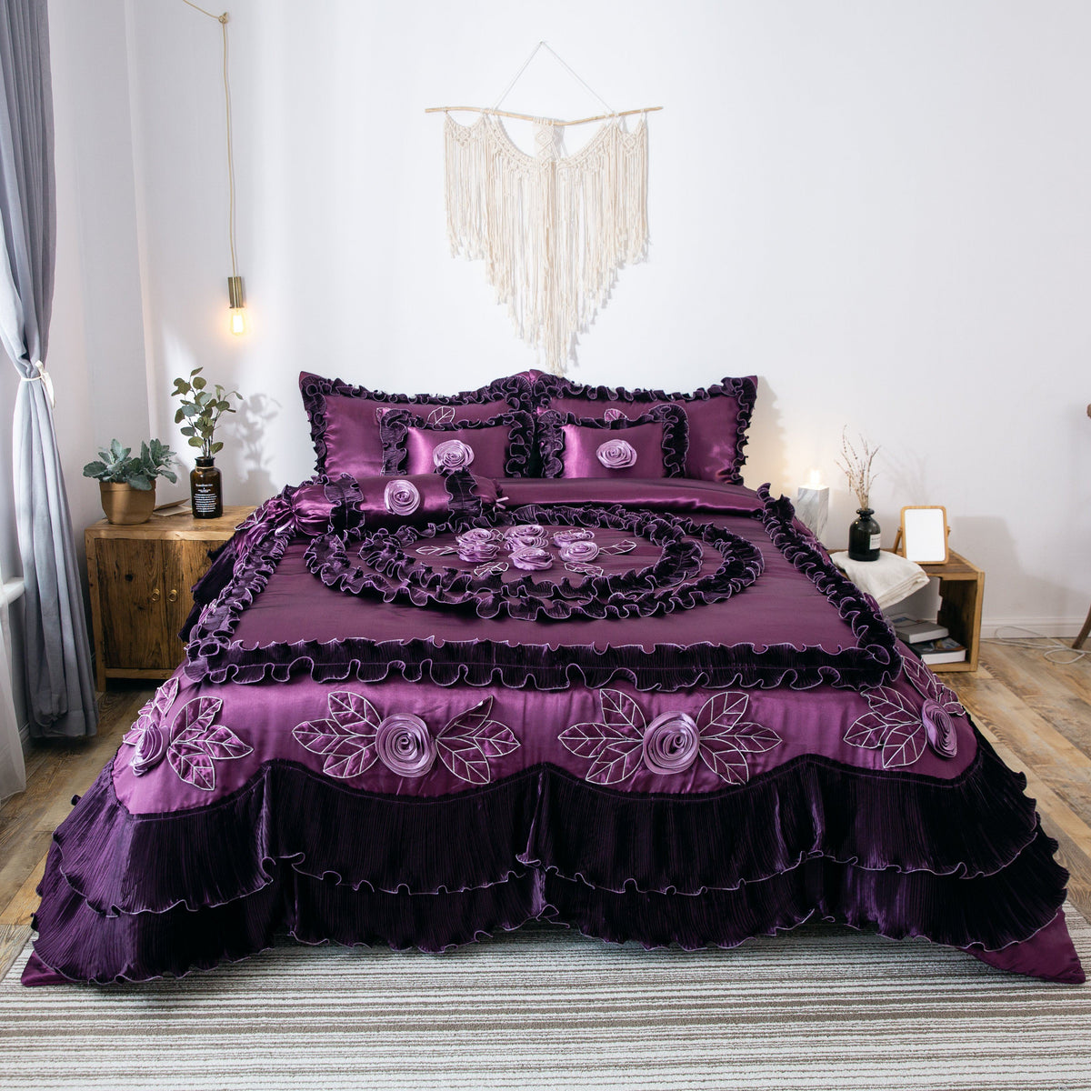 Satin Ruffle Dark Purple Floral Midnight Bloom Comforter, photo 3 of 13