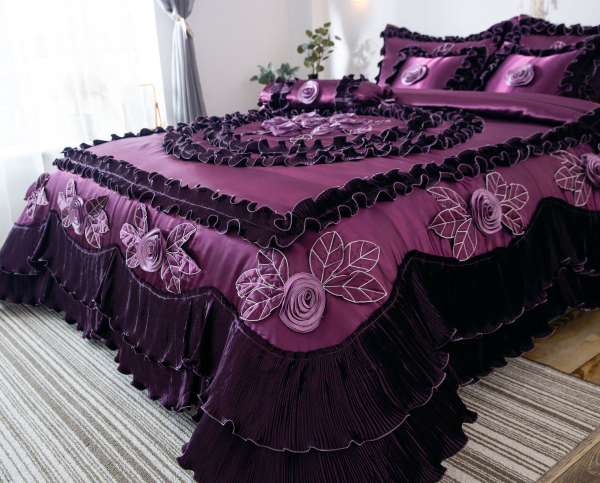 Satin Ruffle Dark Purple Floral Midnight Bloom Comforter, photo 5 of 13