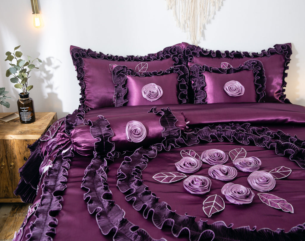 Satin Ruffle Dark Purple Floral Midnight Bloom Comforter, photo 6 of 13