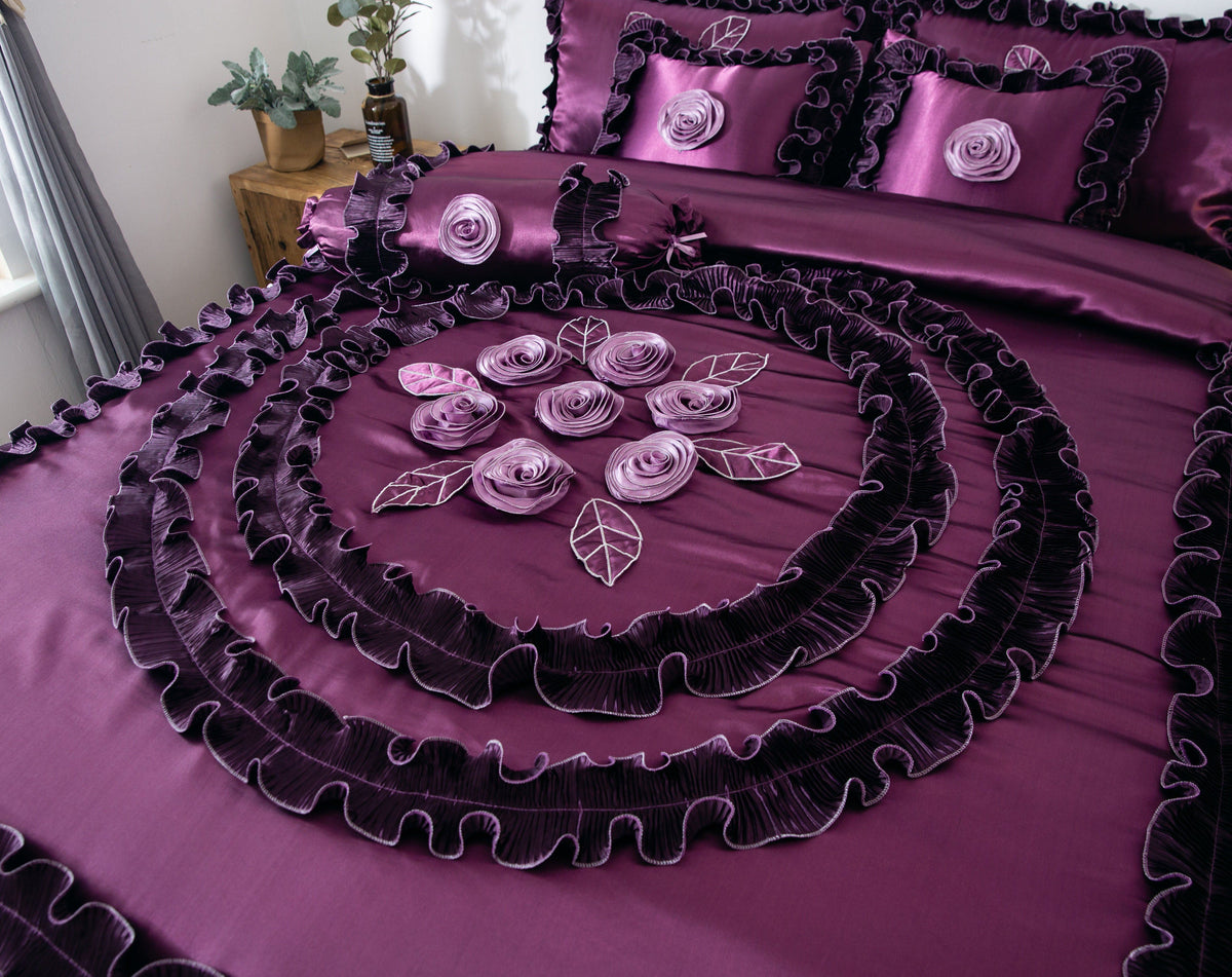 Satin Ruffle Dark Purple Floral Midnight Bloom Comforter, photo 10 of 13