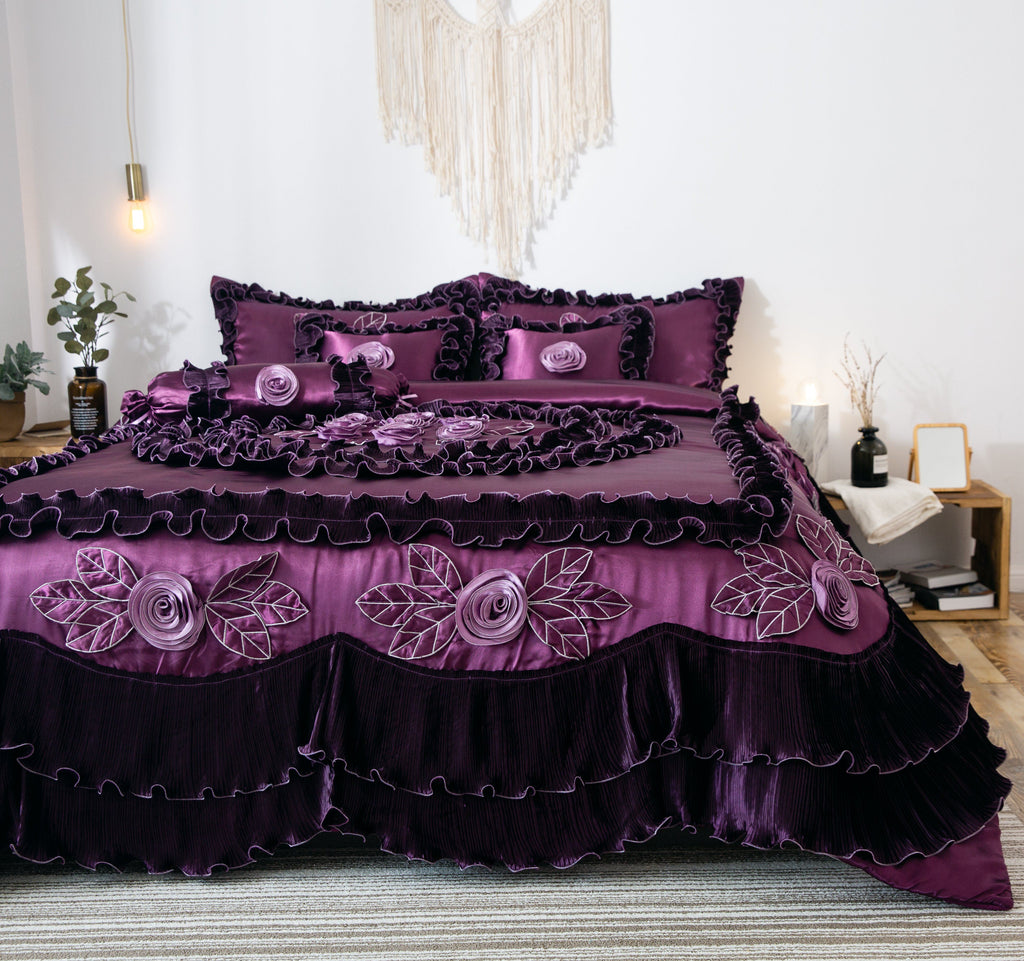 Tache Satin Ruffle Dark Purple Floral Midnight Bloom Comforter
