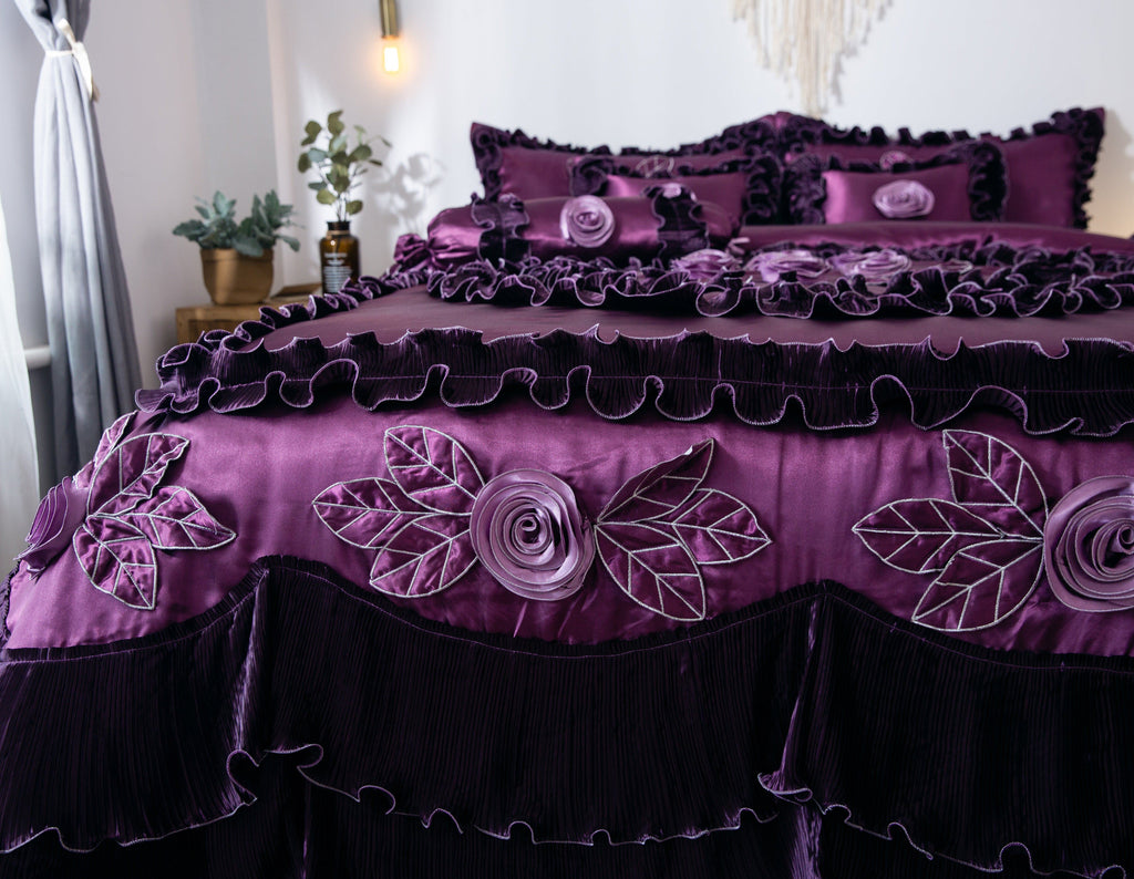 Satin Ruffle Dark Purple Floral Midnight Bloom Comforter, photo 11 of 13