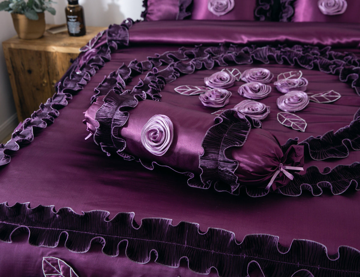 Satin Ruffle Dark Purple Floral Midnight Bloom Comforter, photo 7 of 13