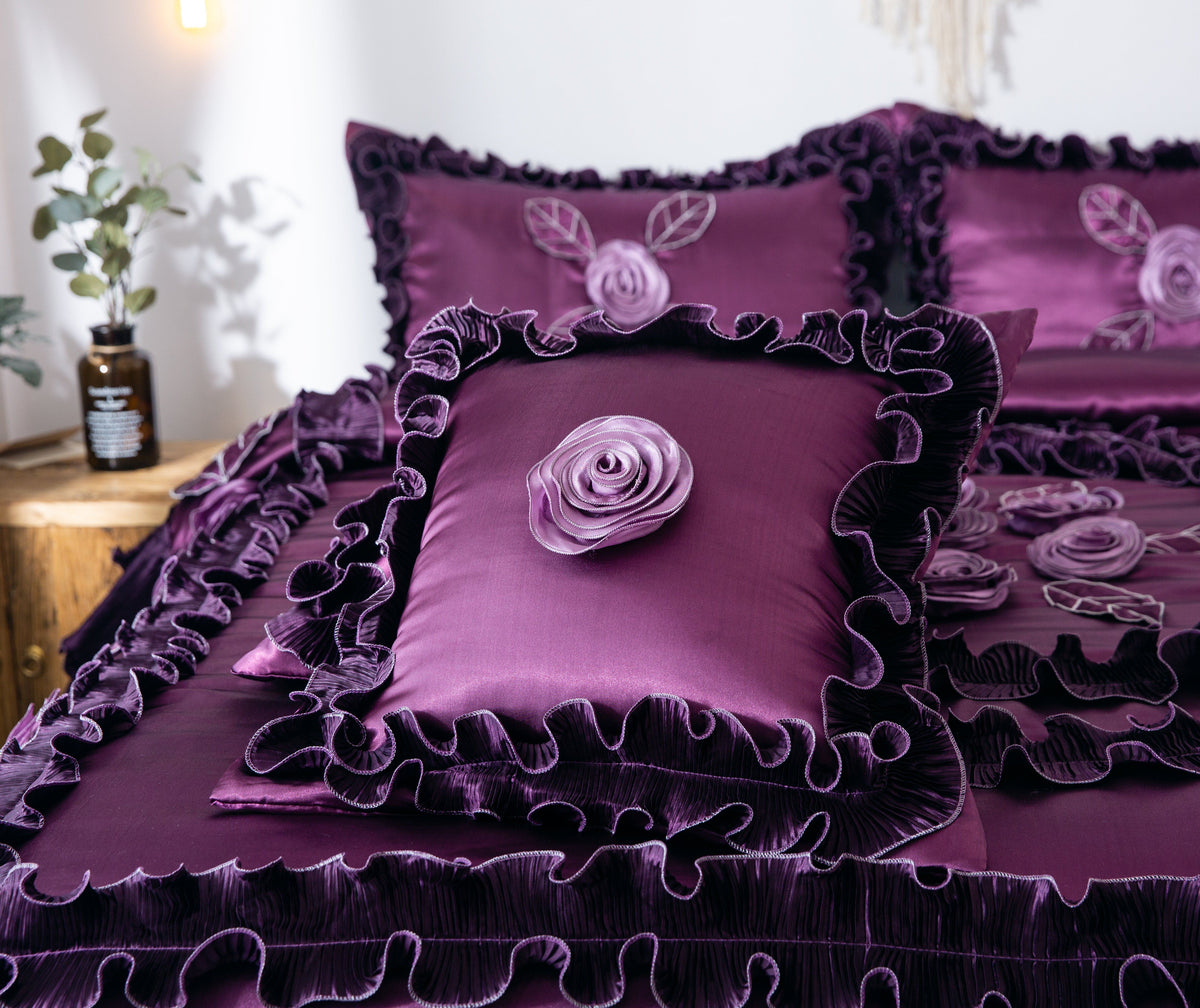 Satin Ruffle Dark Purple Floral Midnight Bloom Comforter, photo 8 of 13