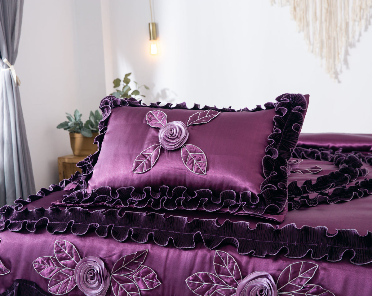 Satin Ruffle Dark Purple Floral Midnight Bloom Comforter, photo 9 of 13