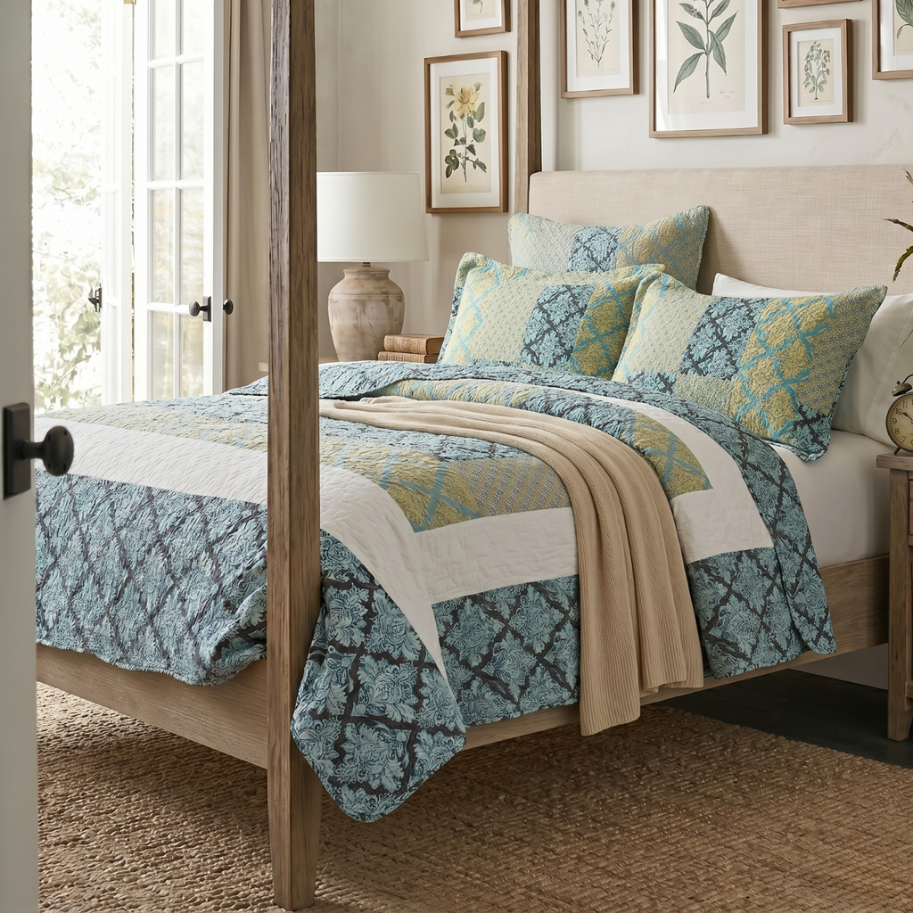 Tache Damask Ornate Baroque Teal Turquoise Blue Green Scalloped Quilt Set, photo 8 of 10