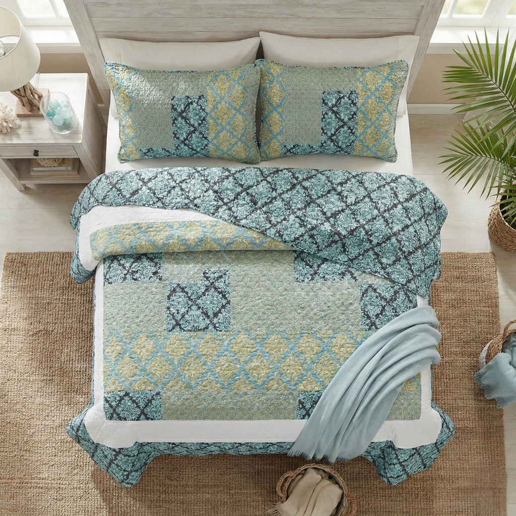 Tache Damask Ornate Baroque Teal Turquoise Blue Green Scalloped Quilt Set, photo 3 of 10