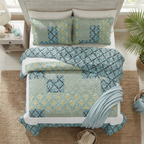 Tache Damask Ornate Baroque Teal Turquoise Blue Green Scalloped Quilt Set, photo 3 of 10
