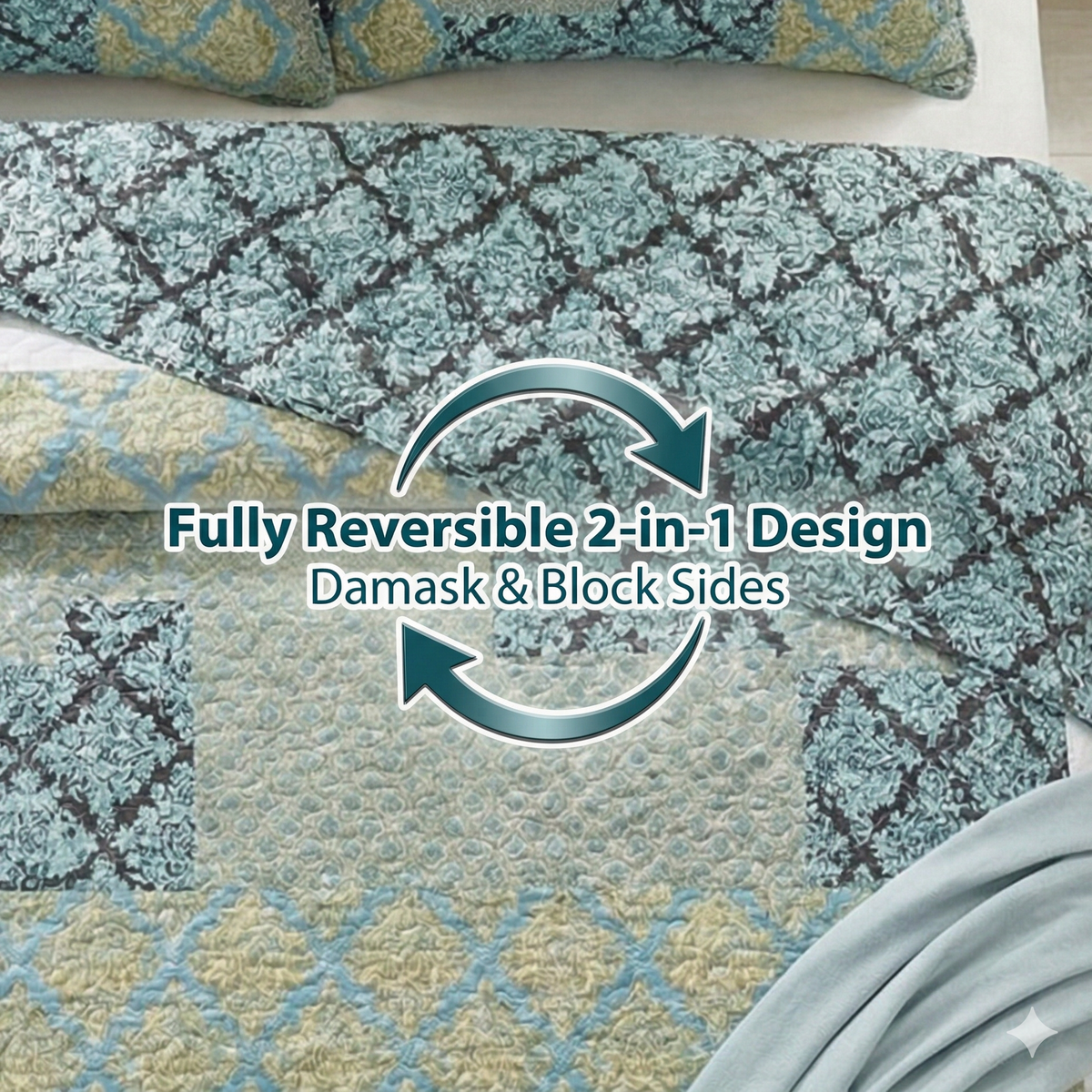 Tache Damask Ornate Baroque Teal Turquoise Blue Green Scalloped Quilt Set, photo 9 of 10