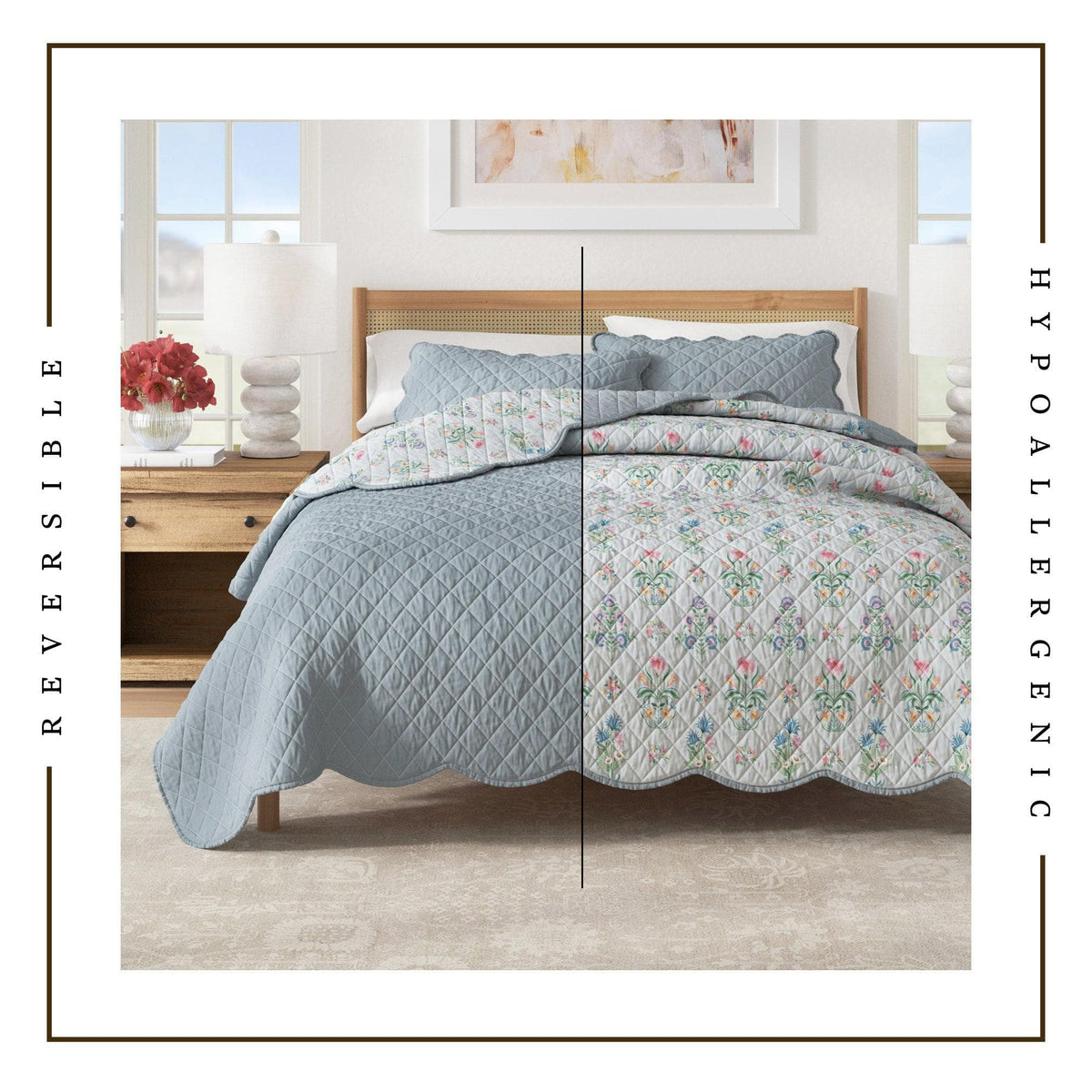 Floral Print & Scalloped Edge Cotton Quilt Set - Katrin Collection, photo 3 of 6