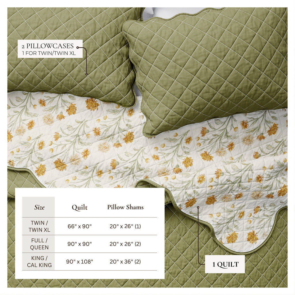 Floral Print & Scalloped Edge Cotton Quilt Set - Illiana Collection, photo 4 of 6