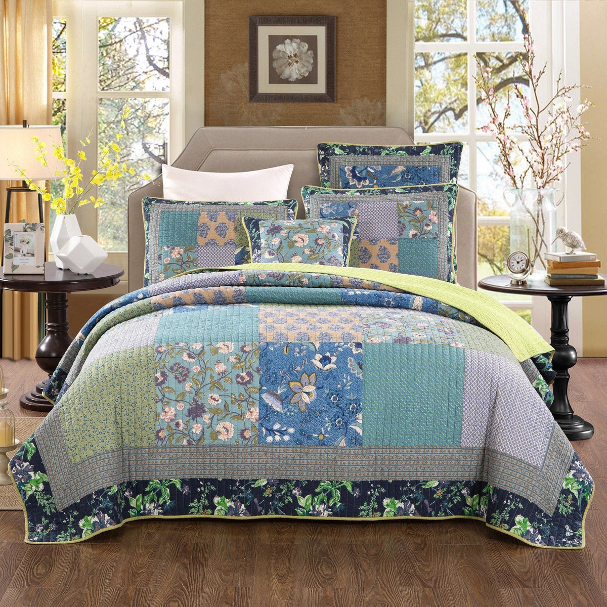 Tache Cotton Bohemian Tropical Calla Lily Quilted Patchwork Bedspread Set, photo 7 of 7