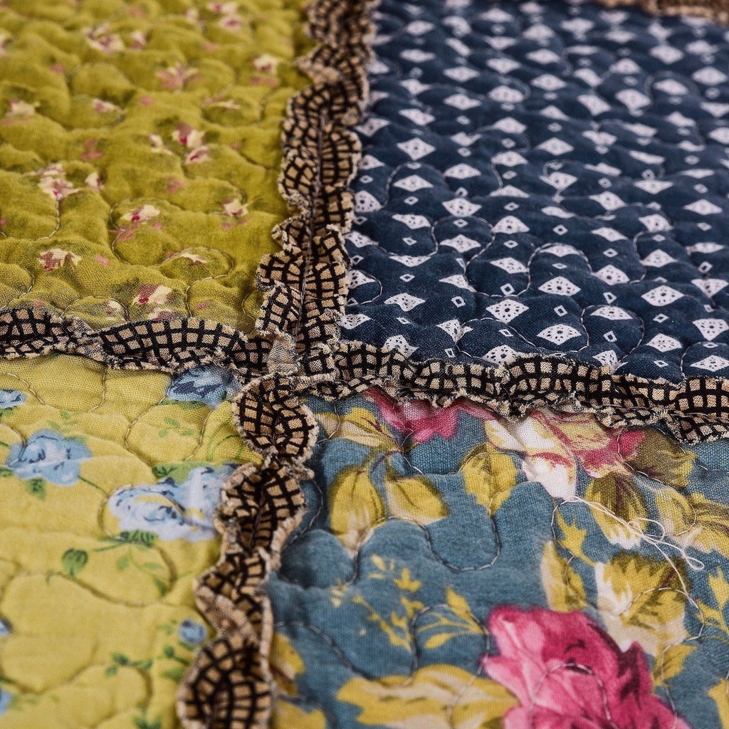 Tache Spring Shower Olive Green Navy Blue Floral Scalloped Cotton Patchwork Quilt Set, photo 6 of 7