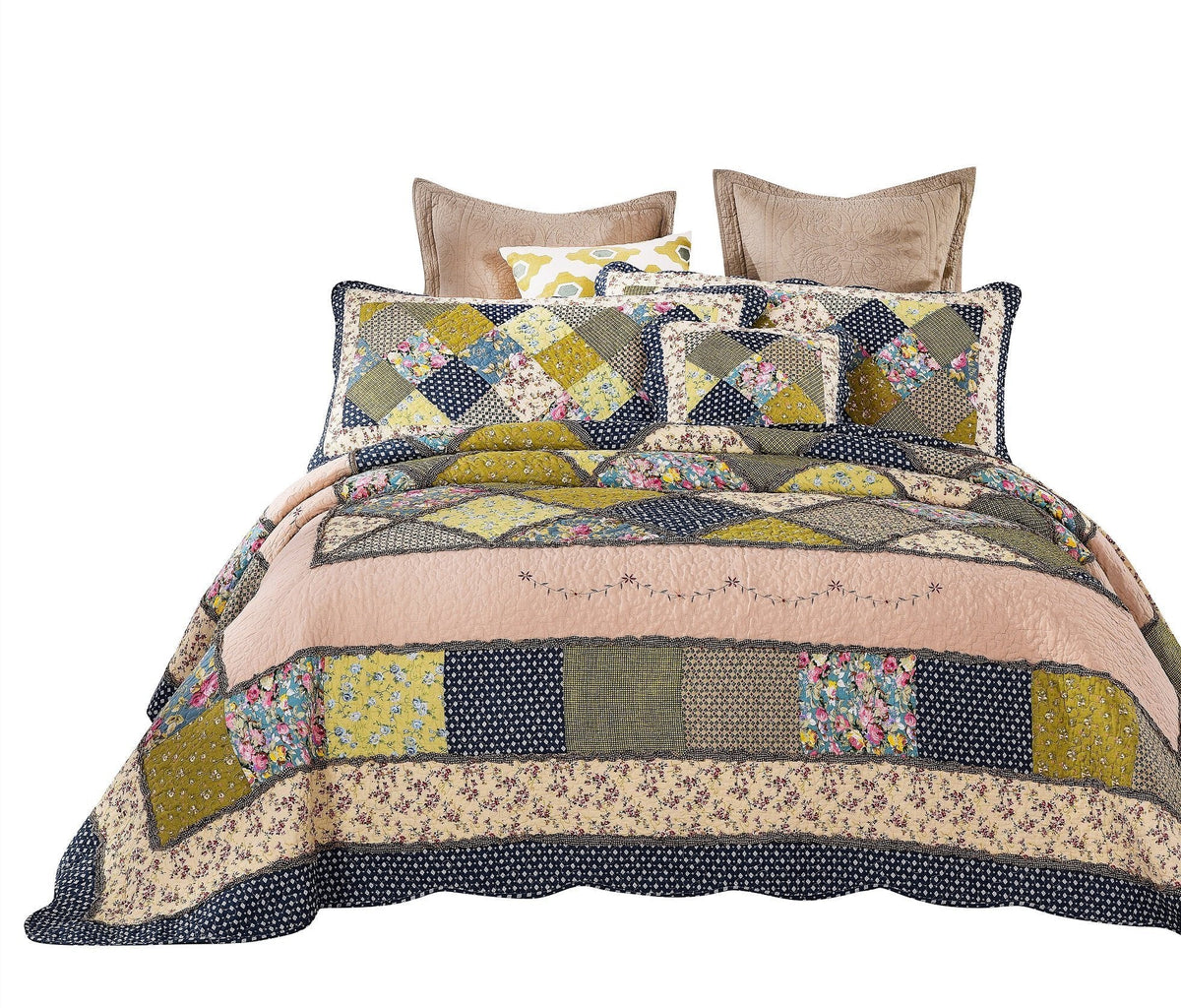 Tache Spring Shower Olive Green Navy Blue Floral Scalloped Cotton Patchwork Quilt Set, photo 7 of 7