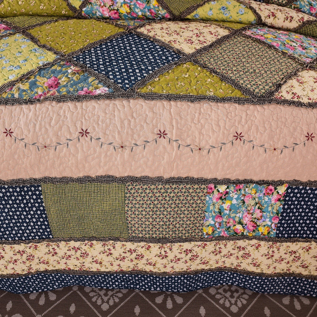 Tache Spring Shower Olive Green Navy Blue Floral Scalloped Cotton Patchwork Quilt Set, photo 5 of 7