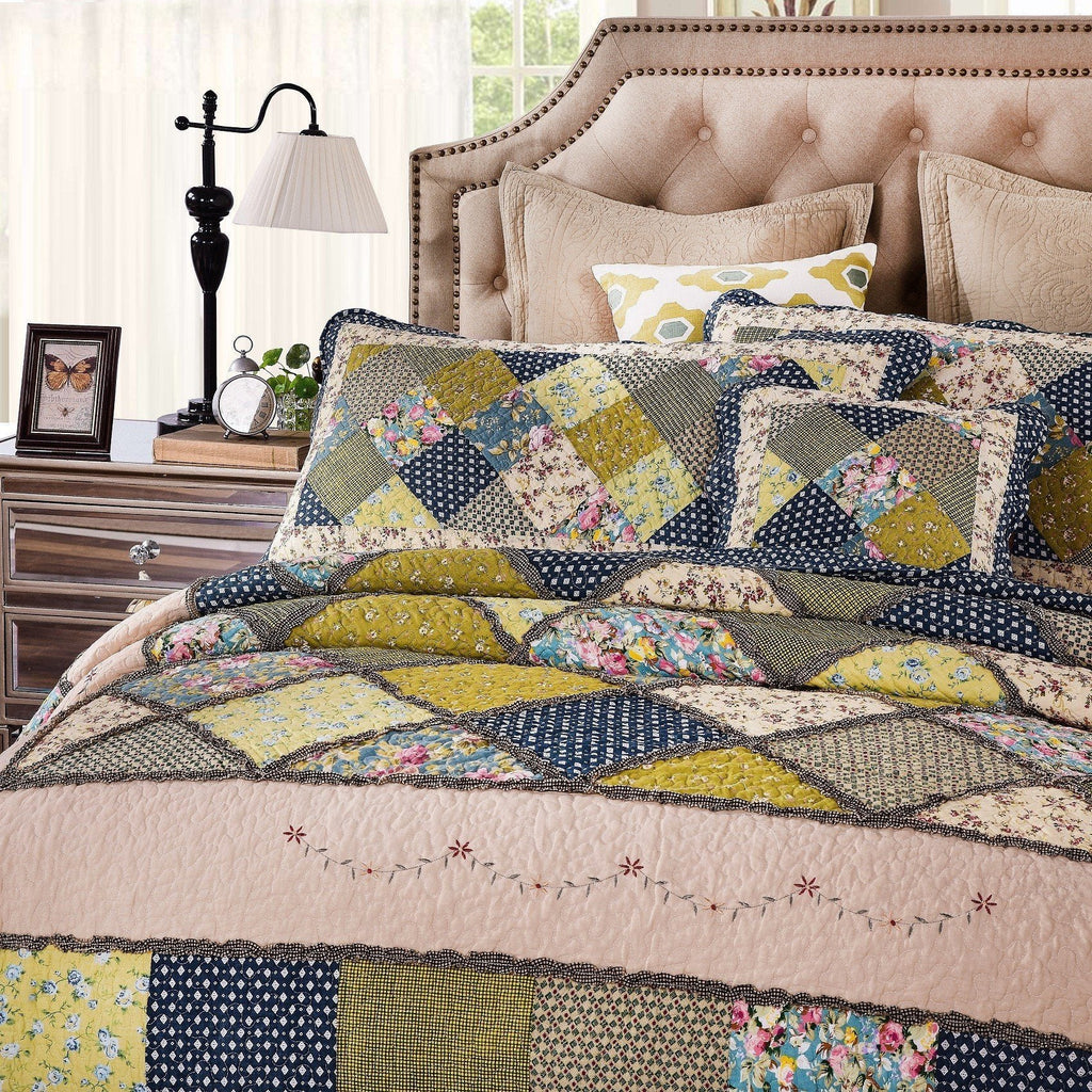 Tache Spring Shower Olive Green Navy Blue Floral Scalloped Cotton Patchwork Quilt Set, photo 2 of 7