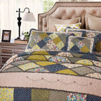 Tache Spring Shower Olive Green Navy Blue Floral Scalloped Cotton Patchwork Quilt Set, photo 2 of 7