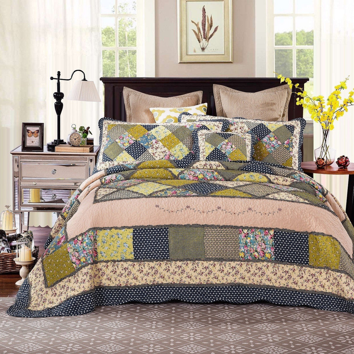 Tache Spring Shower Olive Green Navy Blue Floral Scalloped Cotton Patchwork Quilt Set