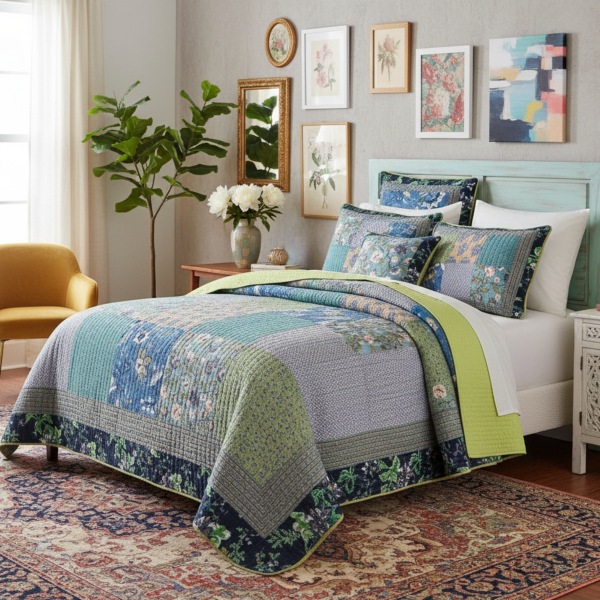 Tache Cotton Bohemian Tropical Calla Lily Quilted Patchwork Bedspread Set