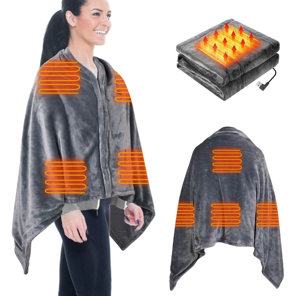 USB Heated Blanket Poncho Shawl Wrap Throw with Zipper