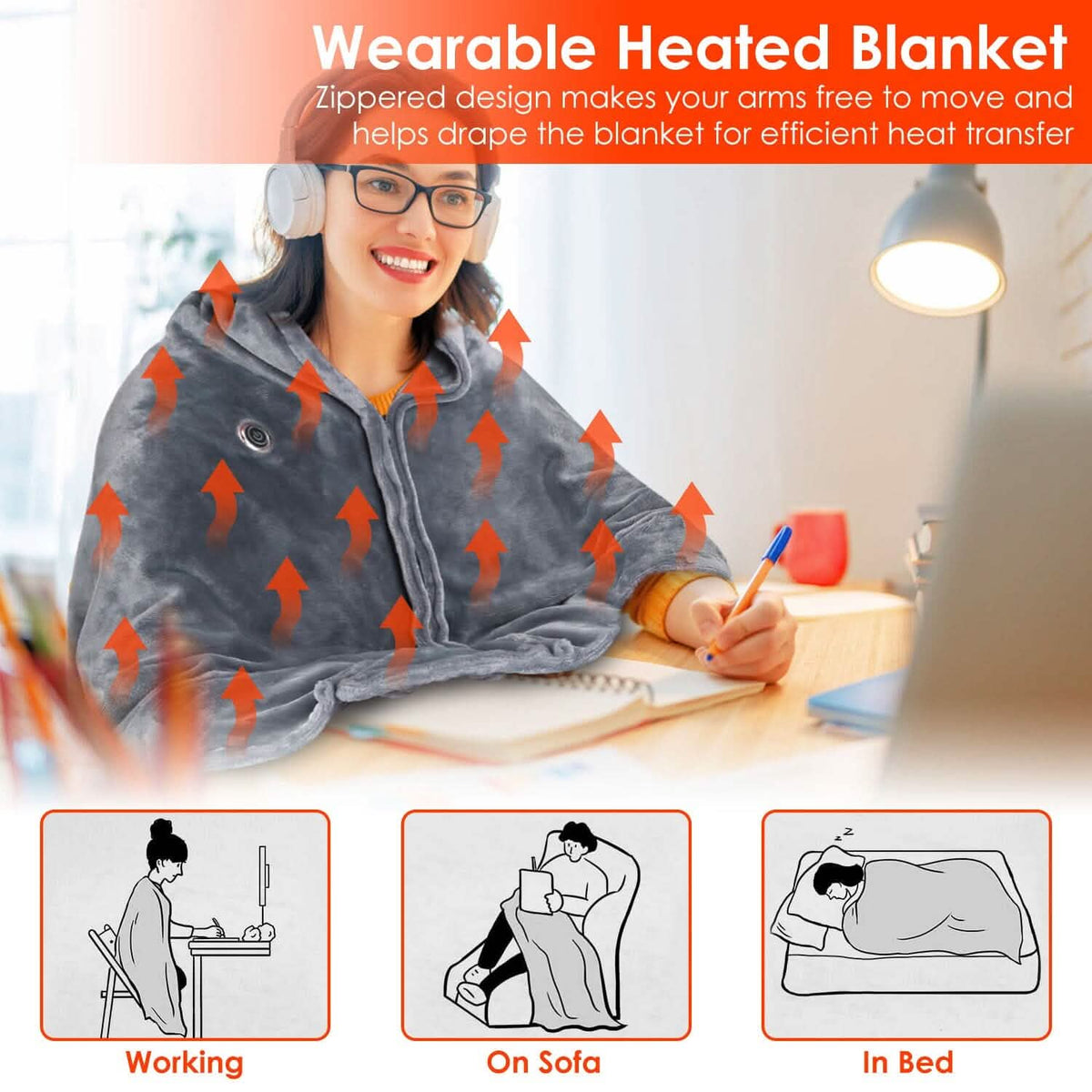 USB Heated Blanket Poncho Shawl Wrap Throw with Zipper, photo 8 of 12