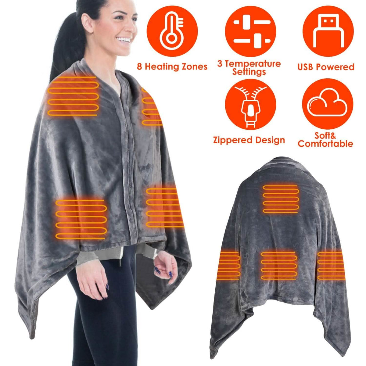 USB Heated Blanket Poncho Shawl Wrap Throw with Zipper, photo 5 of 12