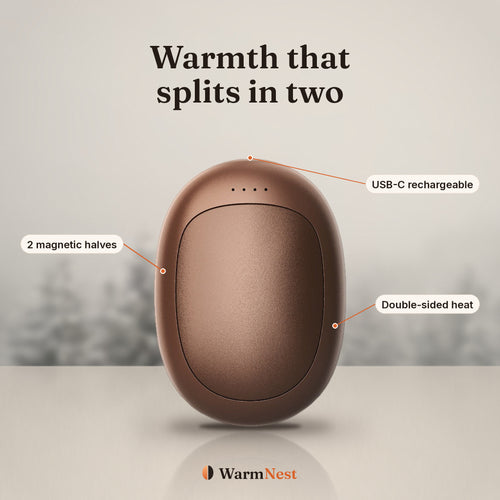 WarmNest Twin in Mocha – rechargeable magnetic hand warmer that splits in two