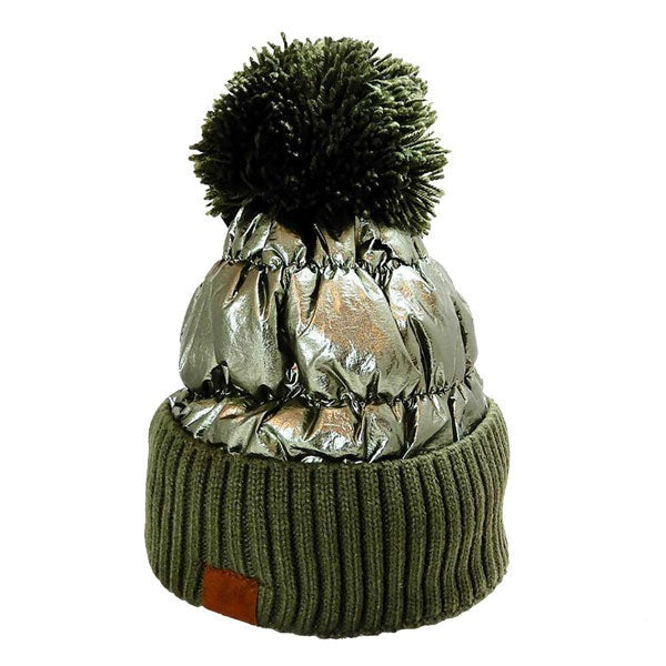 Women's Winter Cozy Puffer Knit Pom Glossy Beanie Hat, photo 2 of 10