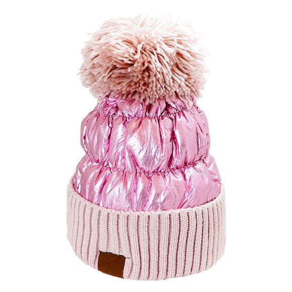 Women's Winter Cozy Puffer Knit Pom Glossy Beanie Hat, photo 7 of 10
